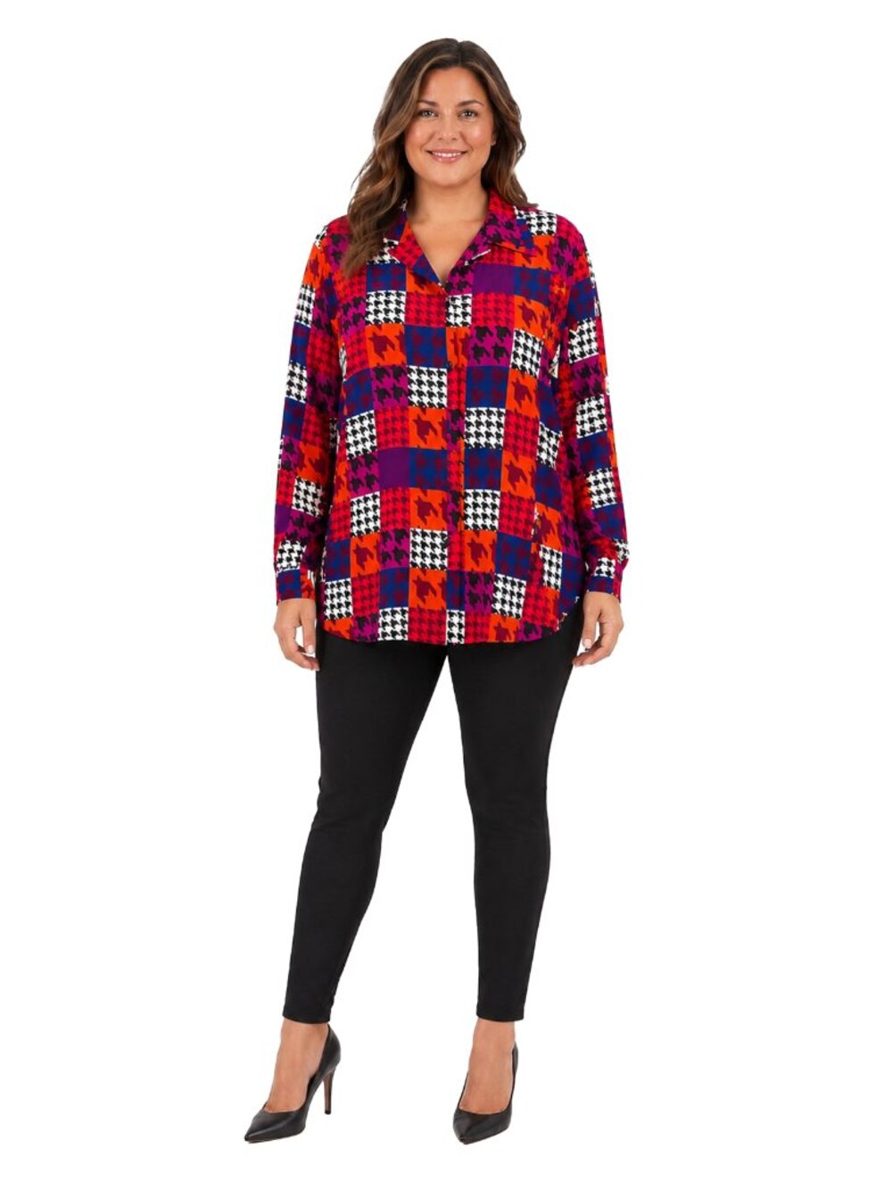 Vintage Joan Leslie Geometric Houndstooth Patchwork Button Up Blouse 16 USA